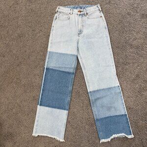 High-Waist Two-Tone Wide Leg Jeans - Light & Medium Blue